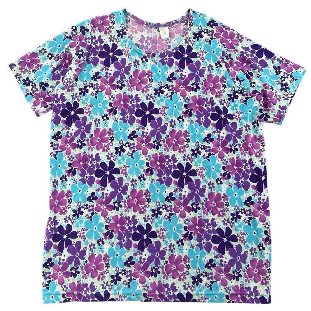 Vintage 90s Floral Knit Top Purple Blue Allover Flower Print Made USA L